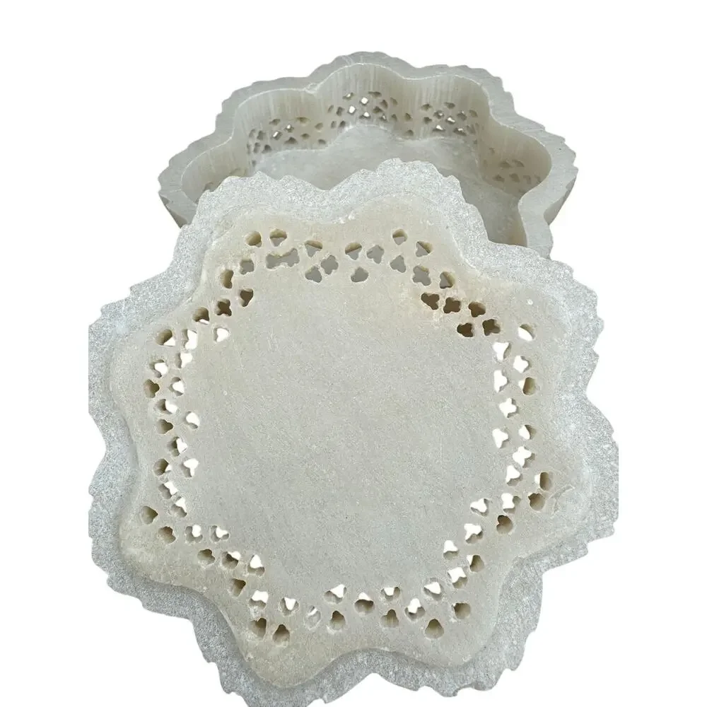 Vintage Carved Stone Trinket Box Mother of Pearl Floral Inlay Trinket Box